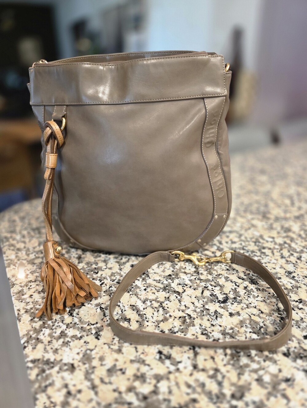 Chloe Taupe Leather Shoulder Bag with Tan Tassel